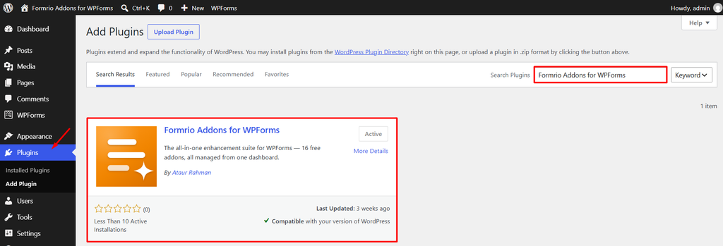 install formrio addons for wpforms